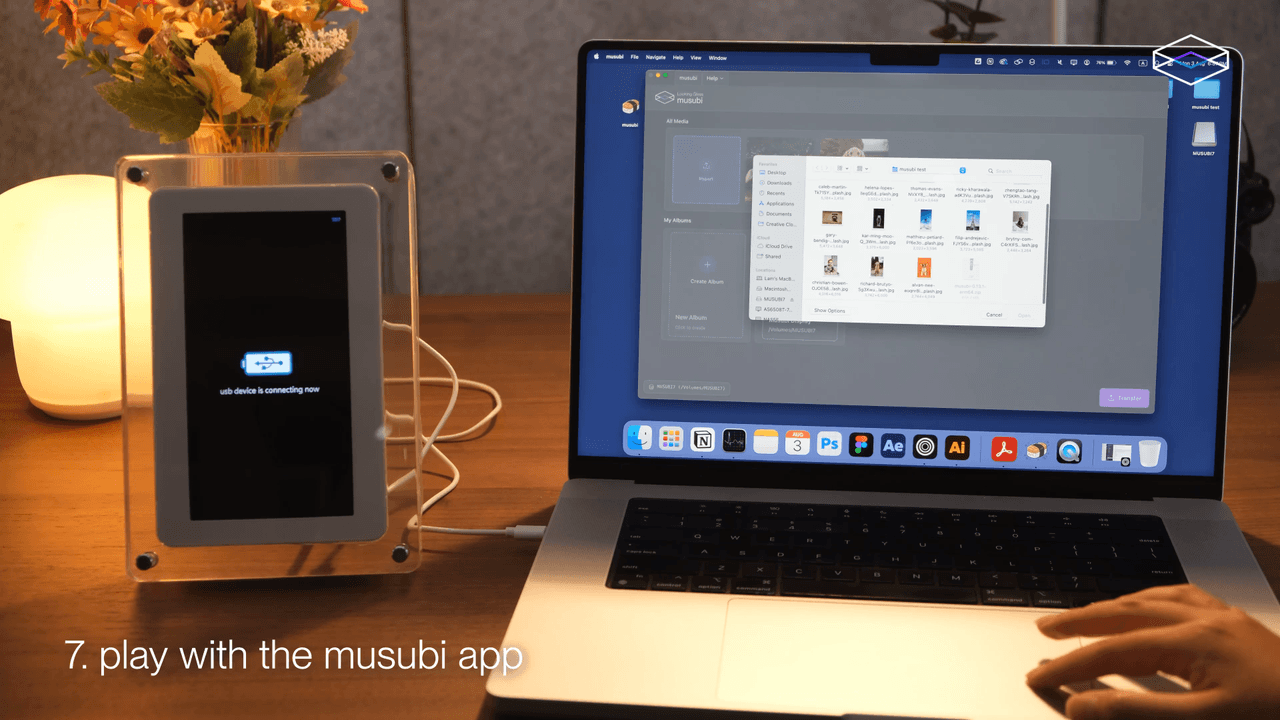 A musubi connected to a Mac with the supplied USB-C cable while the musubi app detects the display