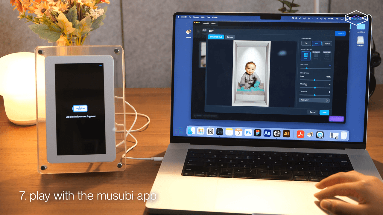 A photo being previewed and adjusted in the musubi app while the display is connected